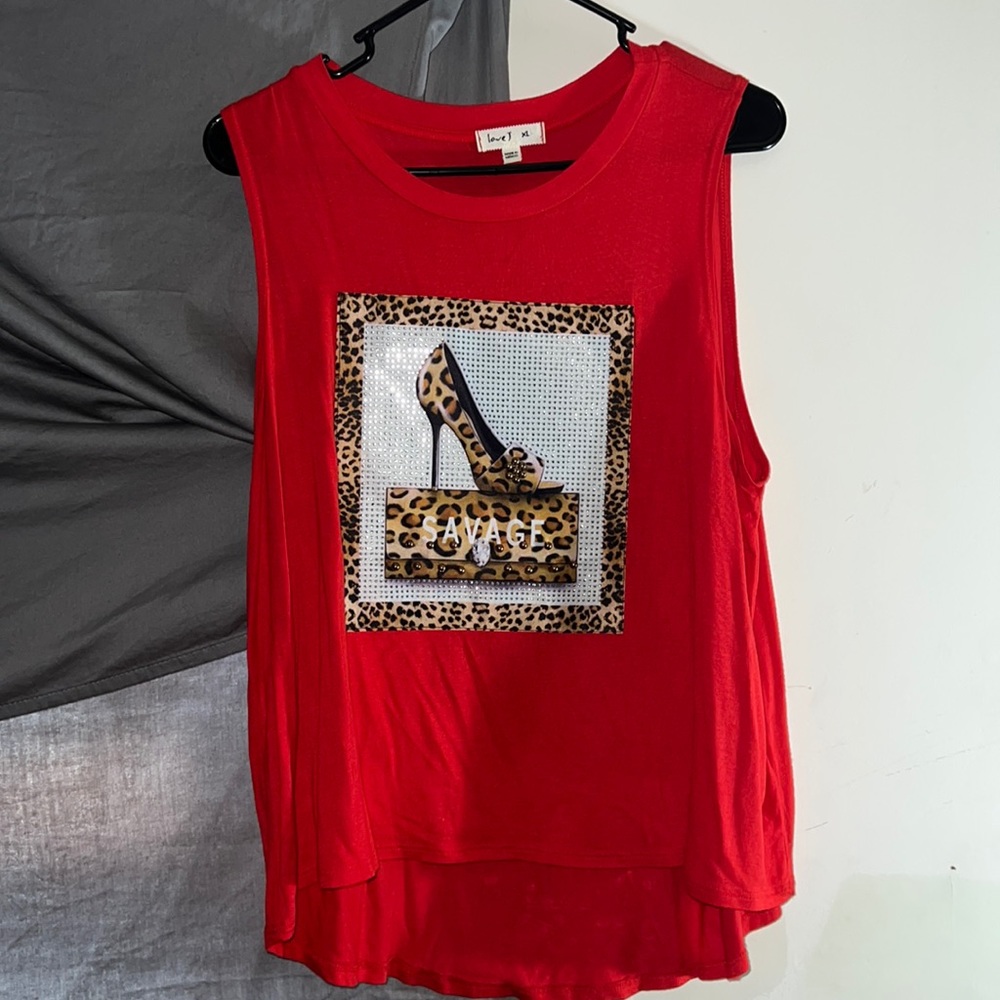 Red crop top shirt with gold/ brass beads with cheetah print shoe on front